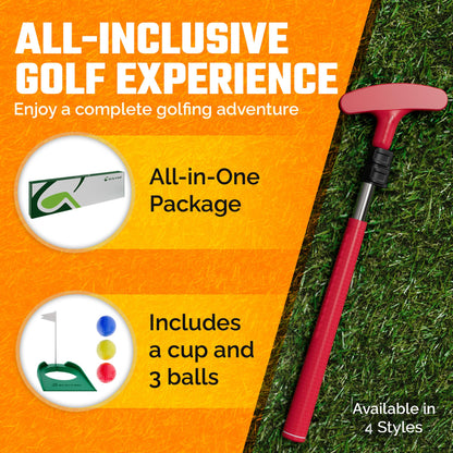 Kids Putter - Extendable Shaft for Junior Golfers - Adjustable Size for Right and Left Hand - Perfect Training Club for Kids - includes 3 Balls, Cup with Flag (RED)